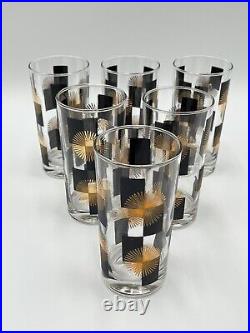 Set Of 6 Highball MCM Atomic Gold Black Starburst Barware Glasses