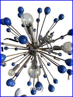 VINTAGE Bulb SPUTNIK ATOMIC LIGHT Mid Century Modern Chandelier Blue Wood Balls
