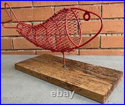 Vintage 1950s 60s Wire Metal Atomic Fish Sculpture Wood Base Mid Century Modern