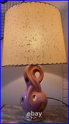 Vintage 1950s Pink Gold Ceramic Lamp Mid Century Modern Atomic Fiberglass Shade