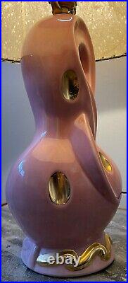 Vintage 1950s Pink Gold Ceramic Lamp Mid Century Modern Atomic Fiberglass Shade