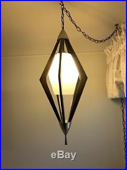 Vintage 28 Mid Century Danish Modern Teak Atomic Hanging Swag Light Lamp 1960s