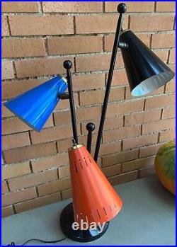 Vintage 50s 60s Triple Atomic Era Metal Cone Lamp Mid Century Modern Thurston