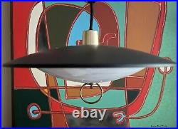 Vintage 50s Black Metal Saucer Retractable Ceiling Light Lamp Mid Century Atomic