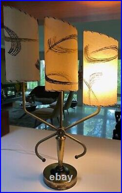 Vintage 50s Brass Lamp Fiberglass Shades Mid Century Modern Atomic Era Lighting