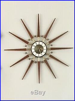 Vintage ELGIN Starburst Atomic Wall Clock Mid Century walnut wood MCM Rare