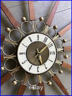 Vintage ELGIN Starburst Atomic Wall Clock Mid Century walnut wood MCM Rare