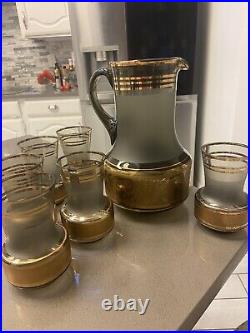 Vintage MCM Atomic Shaped Pitcher And 6 Tumblers Glasses Mid Century Space Age