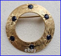 Vintage Mid Century 14K Yellow Gold Atomic Starburst Sapphire Etched Brooch