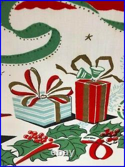 Vintage Mid Century Atomic Christmas Tablecloth Turquoise Aqua Red Santa Claus