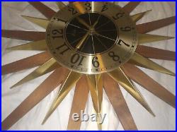 Vintage Mid Century Atomic Modern Welby Starburst Wall Clock Brass Teak 24 in d