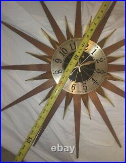 Vintage Mid Century Atomic Modern Welby Starburst Wall Clock Brass Teak 24 in d