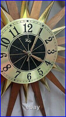Vintage Mid Century Atomic Modern Welby Starburst Wall Clock Brass-tone, Teak