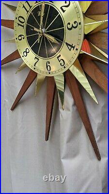 Vintage Mid Century Atomic Modern Welby Starburst Wall Clock Brass-tone, Teak
