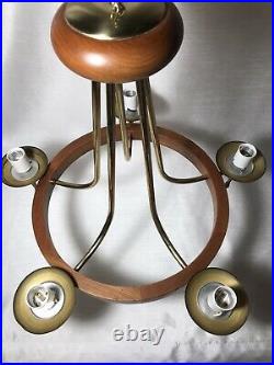 Vintage Mid Century Atomic Wood Brass Chandelier Hanging Light 60s MCM Untested