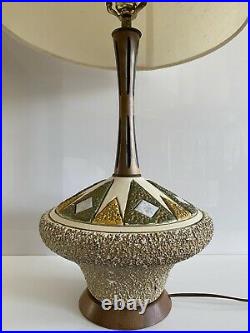 Vintage Mid Century Bertolo Teak and Ceramic Atomic Age Lamp WithOriginal Shade
