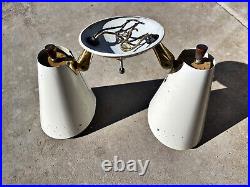 Vintage Mid Century Modern Atomic Ceiling Double 2 Lights White Metal Shades 60s