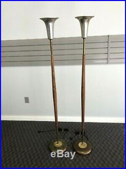 Vintage Mid Century Modern FLOOR LAMP PAIR wood pole danish light atomic 50s 60s