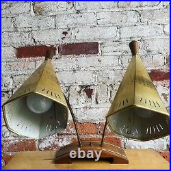 Vintage Mid Century Modern Walnut Brass Double Cone Shade Table Lamp Atomic 60's