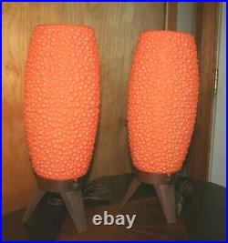 Vintage Pair MCM Lamps Bubble Beehive Tripod Orange Atomic Mid Century