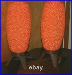 Vintage Pair MCM Lamps Bubble Beehive Tripod Orange Atomic Mid Century