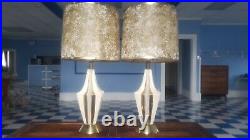 Vintage Pair White Gold Ceramic Atomic Lamps Retro 50's Mid Century With Shade
