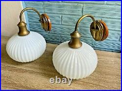 Vintage Pair of Sconce Brass Lamp Atomic Design Light Mid Century Glass Wall