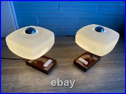 Vintage Pair of Table Space Age UFO Wood Lamp Atomic Design Light Mid Century