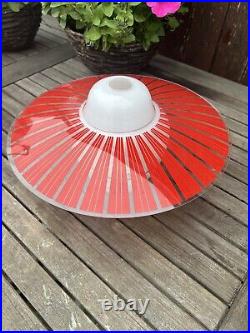 Vintage Pendant Glass Light Shade White Red Striped Glass Disc Atomic Retro UFO