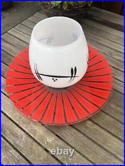 Vintage Pendant Glass Light Shade White Red Striped Glass Disc Atomic Retro UFO