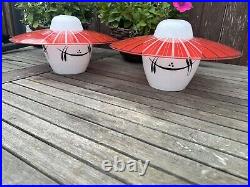 Vintage Pendant Glass Light Shade White Red Striped Glass Disc Atomic Retro UFO