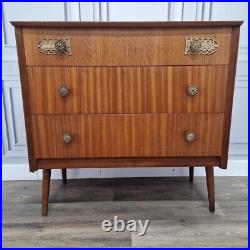 Vintage Retro Mid Century Chest Of 3 Drawers Commode Atomic Legs Teak Scandi