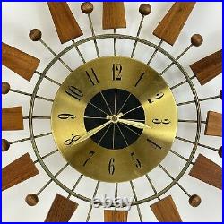 Vintage Starburst Wall Clock MID Century Modern Atomic Teak Wood Brass 25