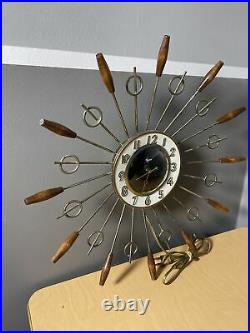 Vintage United Sunburst Modern Atomic Starburst Teak MID Century MCM Wall Clock